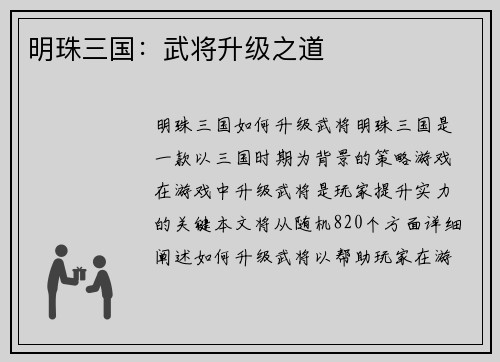 明珠三国：武将升级之道
